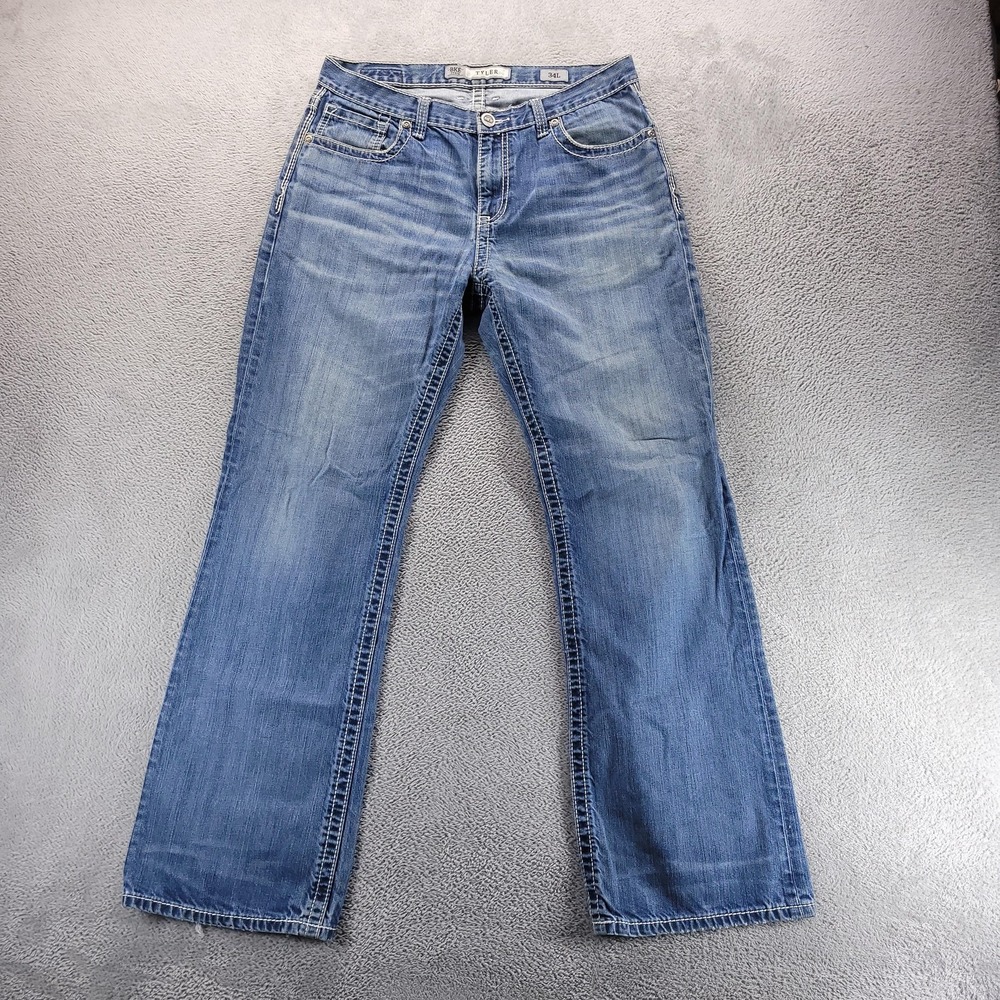 BKE Jeans Mens 34x32 Blue Tyler Bootcut Medium Wash Distressed Embroidered Denim